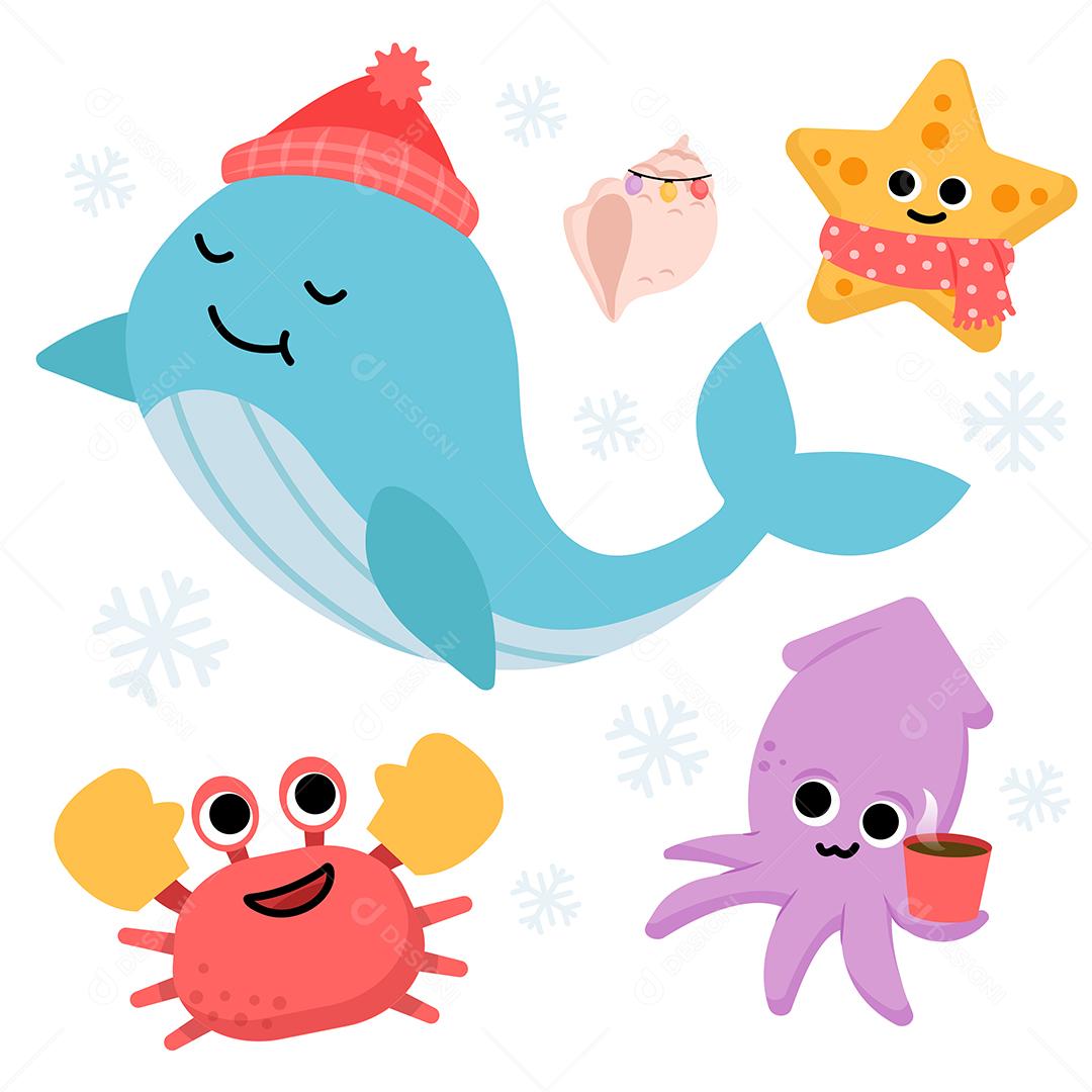Conjunto de caracteres aquáticos com tubarão, concha, estrela do mar, caranguejo e lula