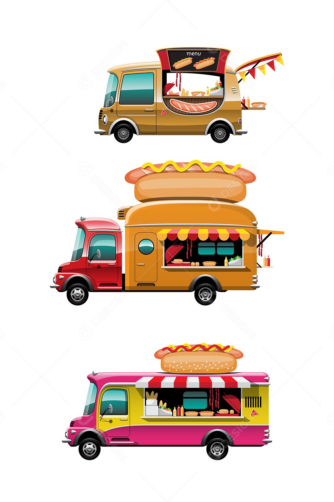 Conjunto de pacotes da vista lateral do caminhão de comida com balcão de cachorro-quente, banner de cachorro-quente e pão e modelo em cima do carro, sobre fundo branco, ilustração vetorial