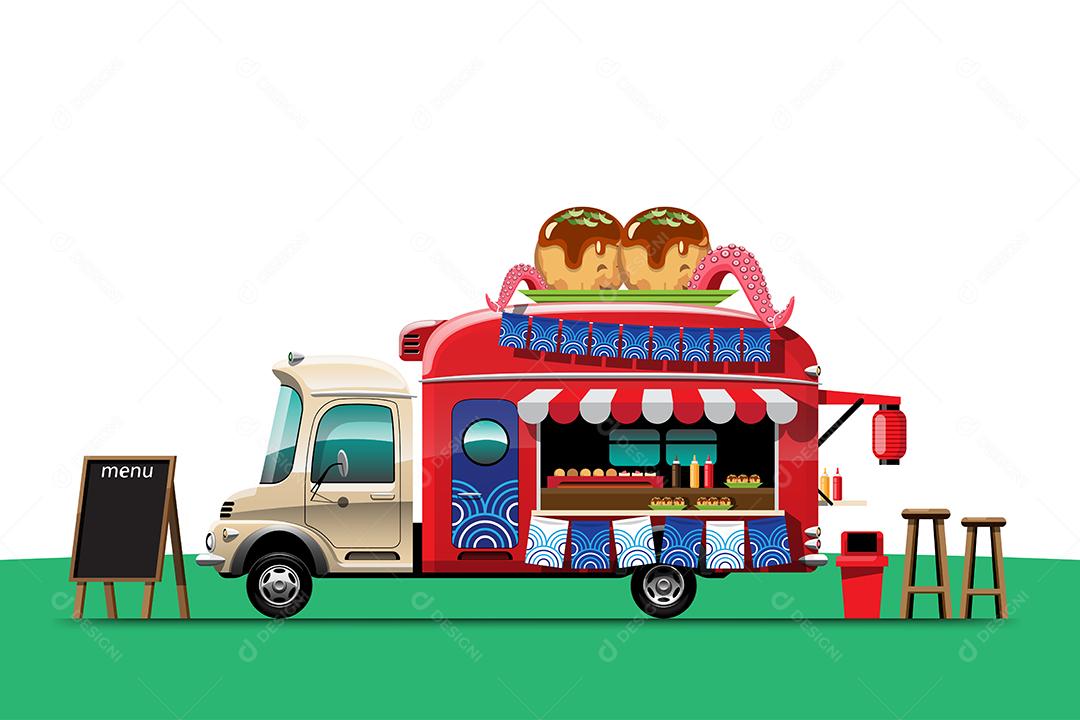 Caminhão de comida com lanche japonês da loja Takoyaki com placa de menu e cadeira, desenho ilustração vetorial plana estilo design