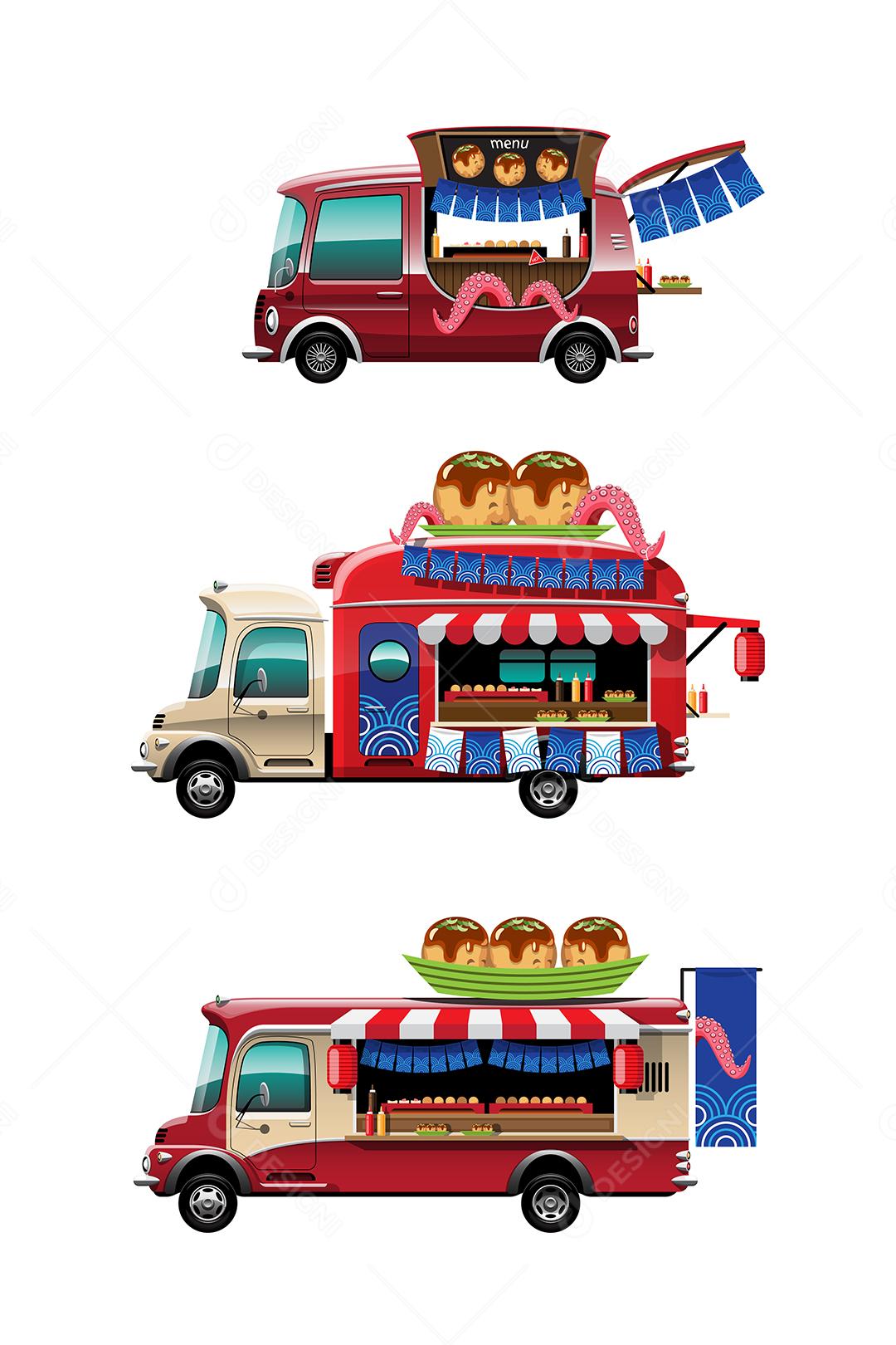 Conjunto de pacote de caminhão de comida com loja Takoyaki lanche japonês com banner e modelo em cima do carro, desenho ilustração vetorial plana estilo design em fundo branco