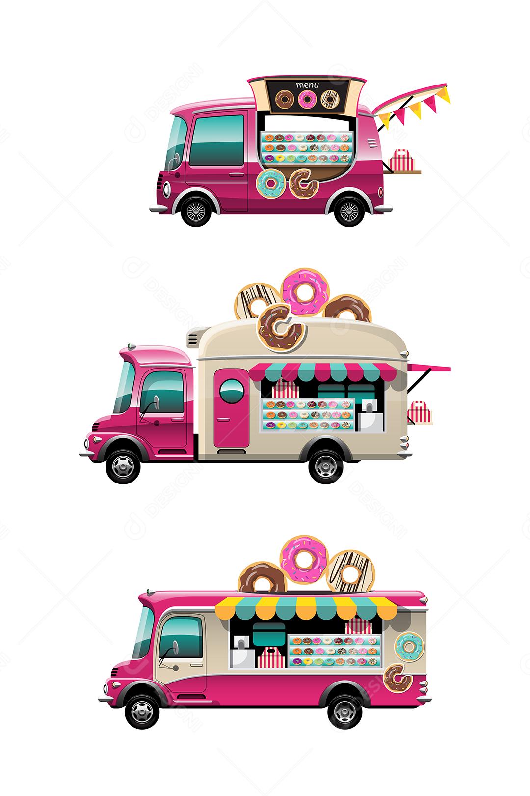 Bundle set of Food truck with Donut snack shop with banner and model on top of car, drawing design style flat vector illustration on white background