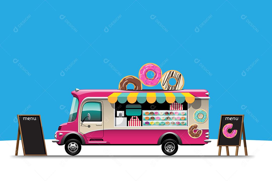 Caminhão de comida com lanchonete Donut com placa de menu e cadeira, desenho ilustração vetorial plana de estilo de design em fundo azul