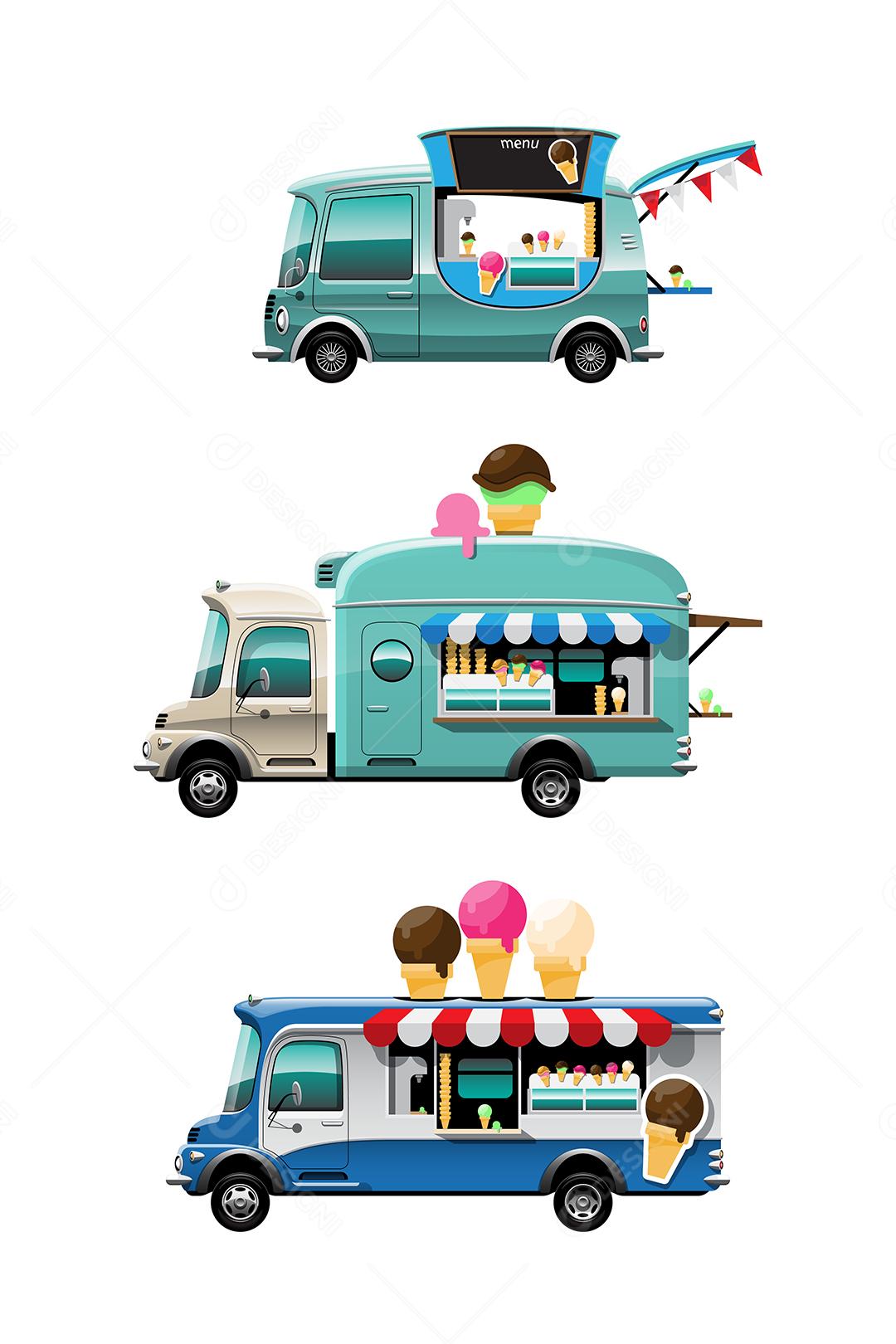 Conjunto de pacotes da vista lateral do caminhão de comida com balcão de hambúrguer, banner de hambúrguer e modelo em cima do carro, sobre fundo branco, ilustração vetorial