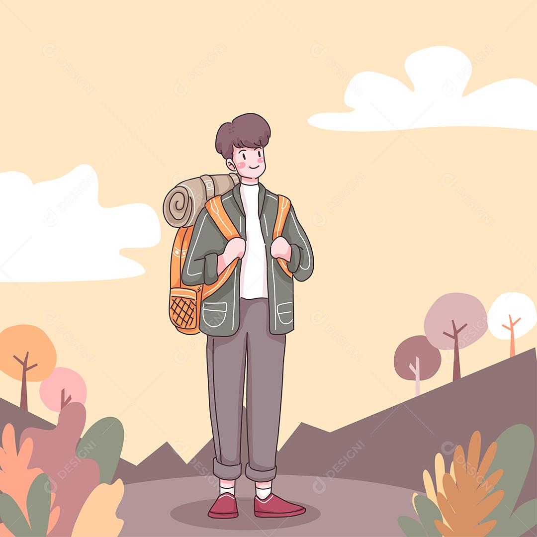 Frente do homem de aventura com mochila para caminhadas e escaladas em personagem de desenho animado, ilustração vetorial plana