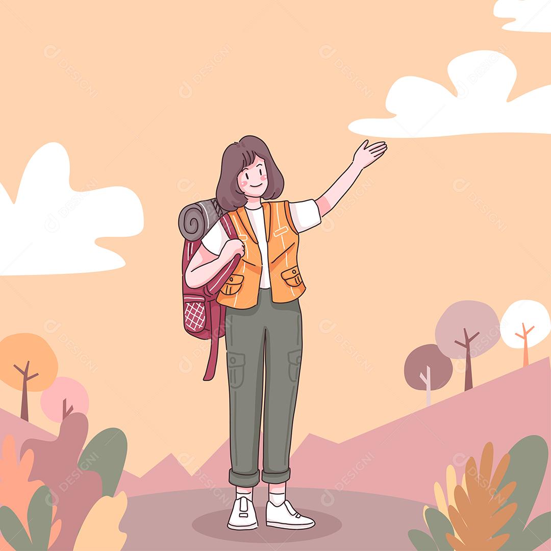 Frente da feliz aventura feminina com mochila para caminhadas e escaladas em personagem de desenho animado, ilustração vetorial plana