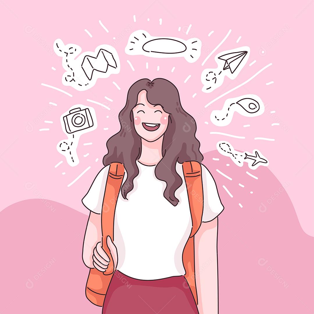 Viajante adolescente com mochila, ela sorri e ícone do planejamento de viagens ao redor de sua cabeça, estilo de desenho de personagem de desenho ilustração vetorial plana