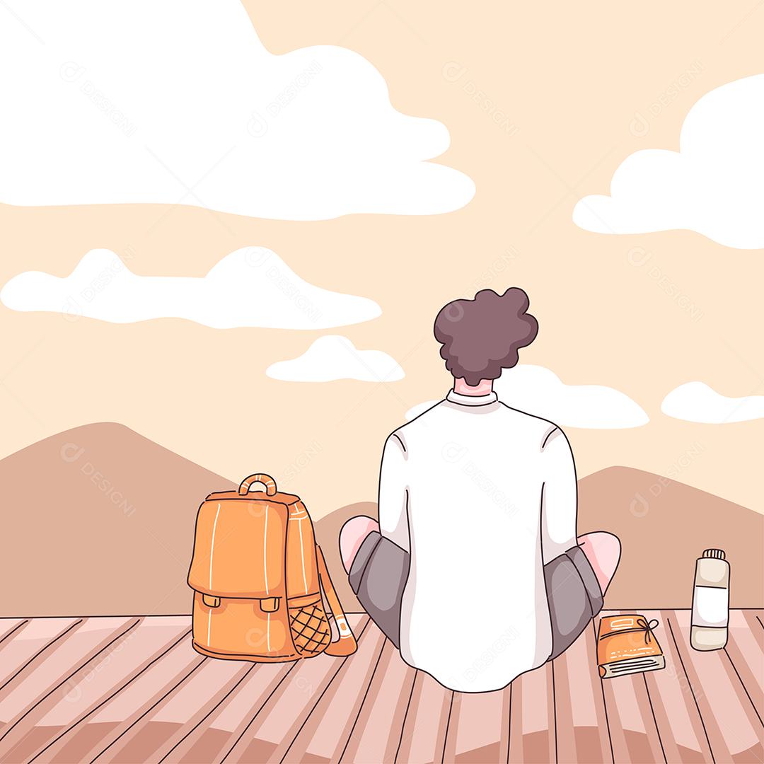 Vista traseira jovem viajante sentado no chão de madeira com mochila, livro e garrafa de água, ansioso pela visão da natureza, ilustração vetorial plana de personagem de desenho animado