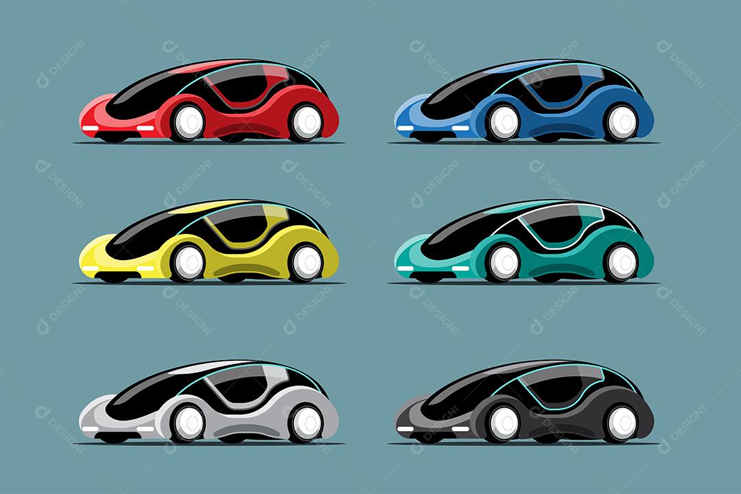 Conjunto colorido de novo carro hitech de inovação no desenho de estilos de desenho animado, ilustração vetorial plana em fundo azul