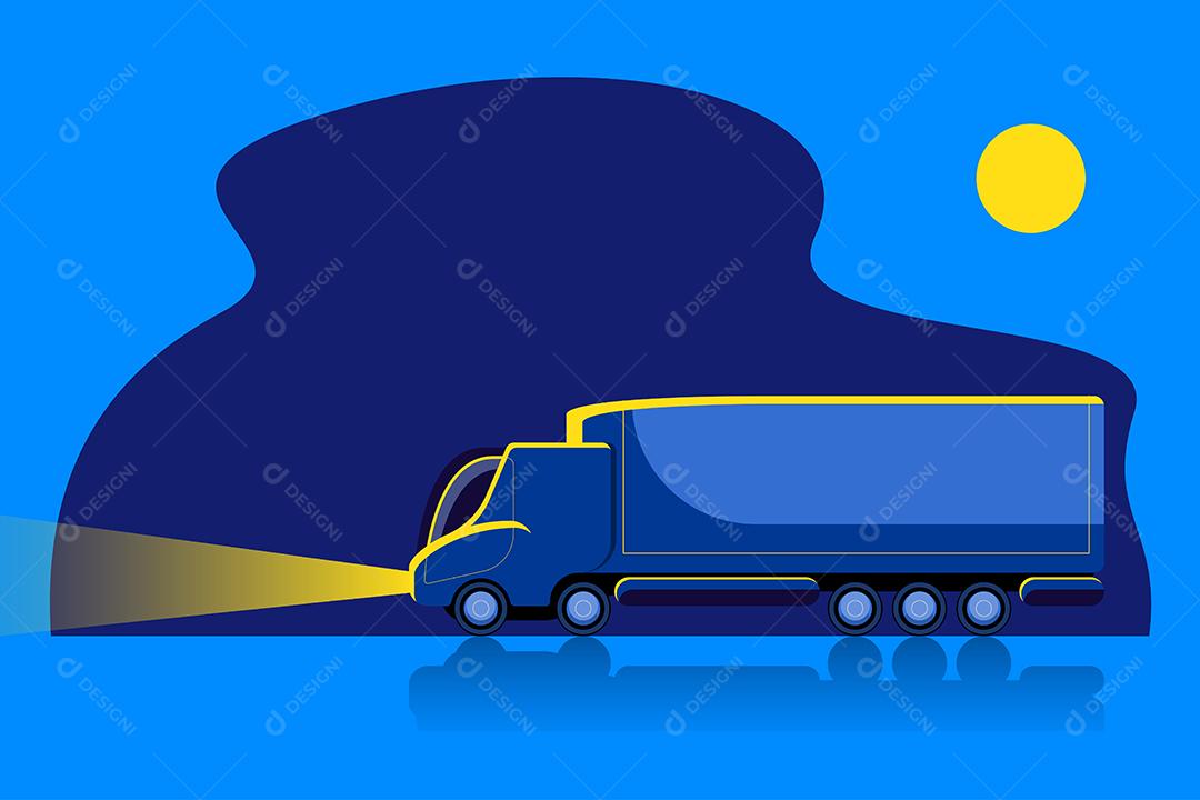 Grande caminhão tralier dirigindo à noite em estilo cartoon, ilustração vetorial de desenho plano com reflexo ou sombra