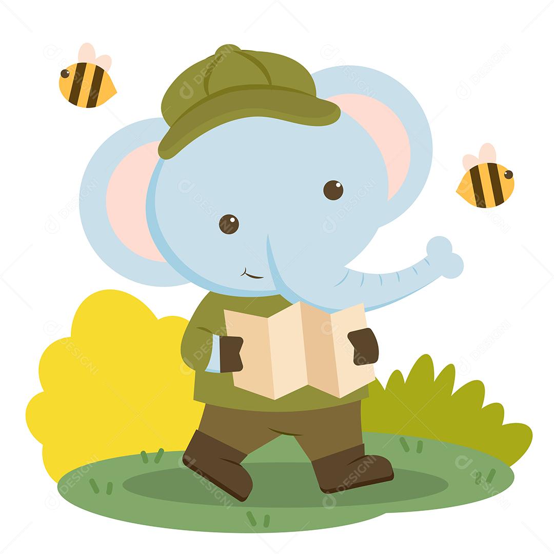 Personagem animal elefante vestindo roupas de caminhada e segurando um mapa