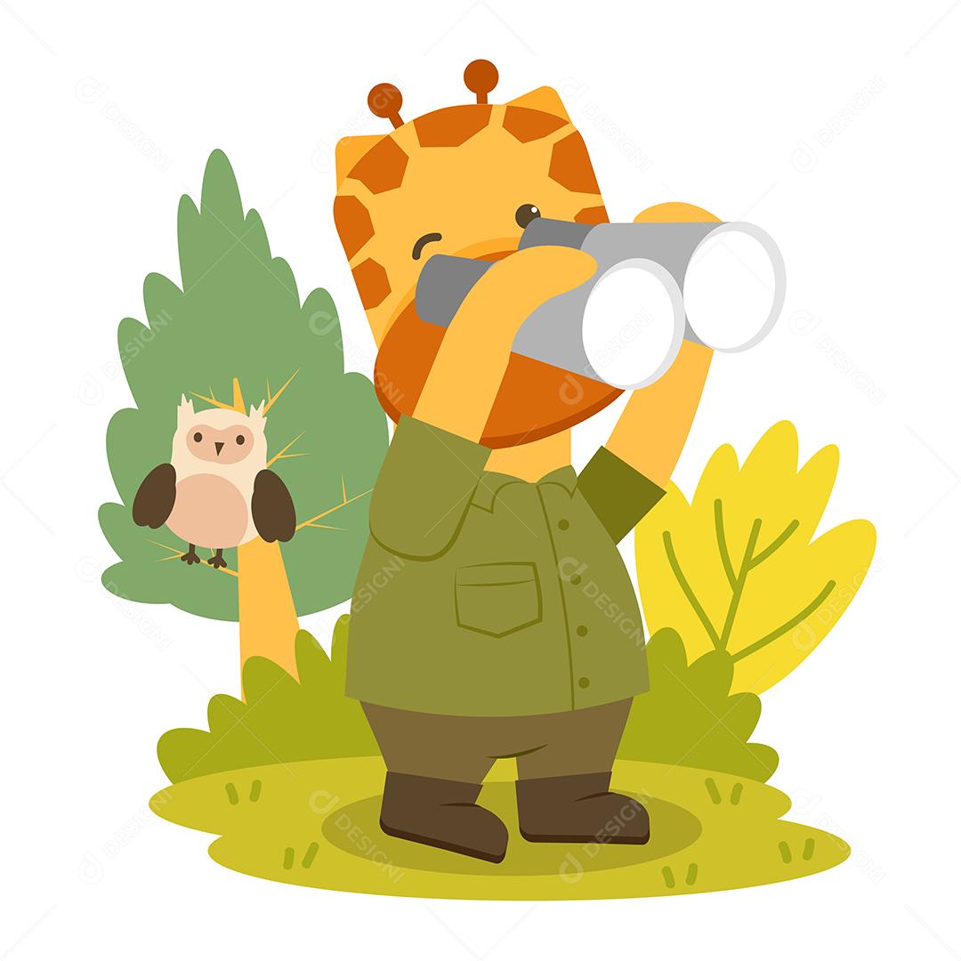 Girafa de personagem animal vestindo roupas de caminhada e segurando binóculos