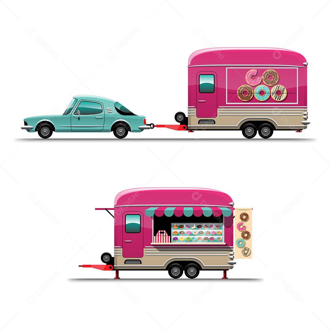 Conjunto de reboque Food truck com donut com grande banner na lateral do carro, desenho ilustração vetorial plana estilo design em fundo branco