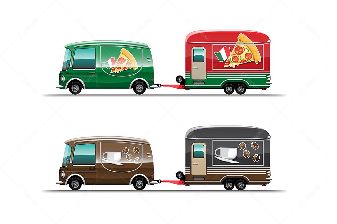Caminhão de comida de reboque de pizza e cafeteria em fundo branco, ilustração vetorial