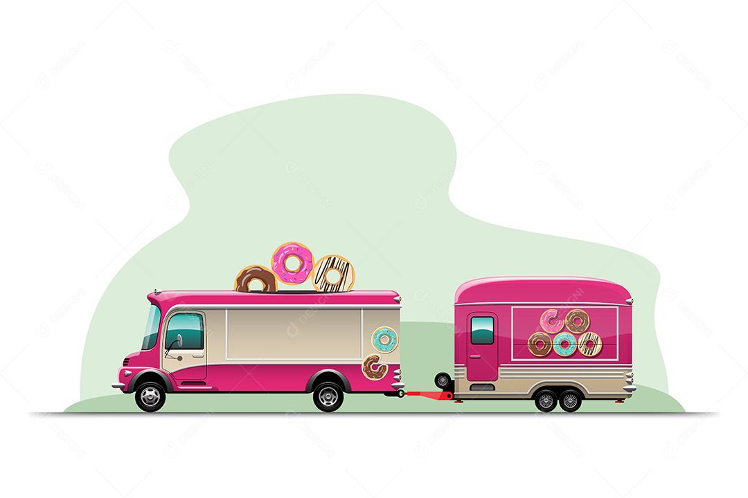 Vista lateral do caminhão de comida de reboque com pizzaria, modelo em cima e banner na lateral do carro, ilustração vetorial