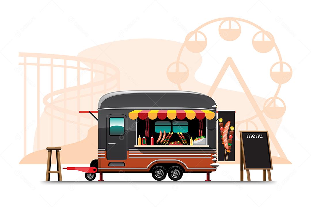 A vista lateral do caminhão de comida com churrascaria, lista de menus e cadeira de madeira, banner de bandeira na lateral do carro, ilustração vetorial no parque de diversões