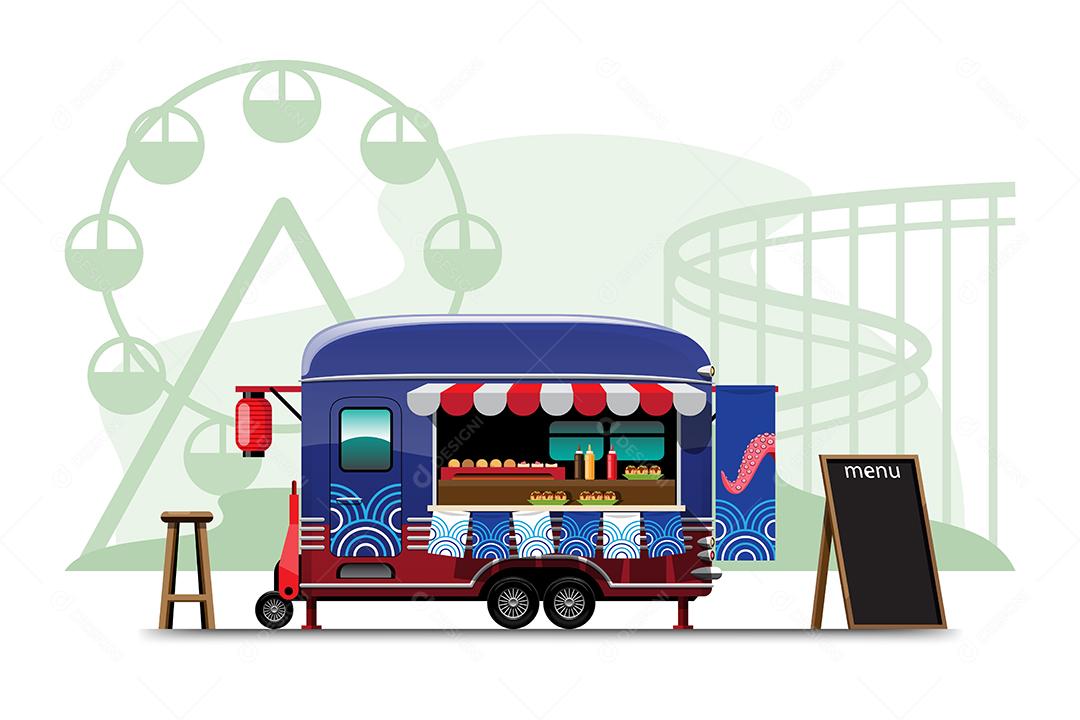 A vista lateral do caminhão de comida com a loja Takoyaki, lista de menu de lanches japoneses e cadeira de madeira, bandeira de bandeira bebida gelada na lateral do carro, ilustração vetorial no parque de diversões