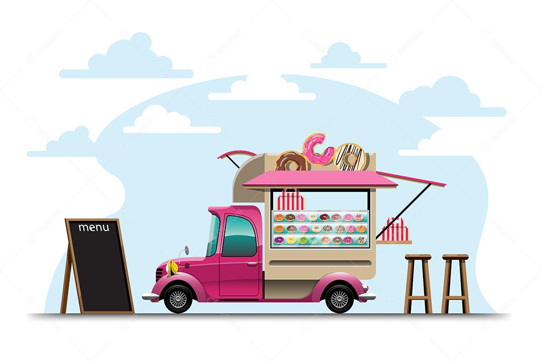 Food truck with donut shop with menu board and chair, sketch style flat design.zip vector illustra