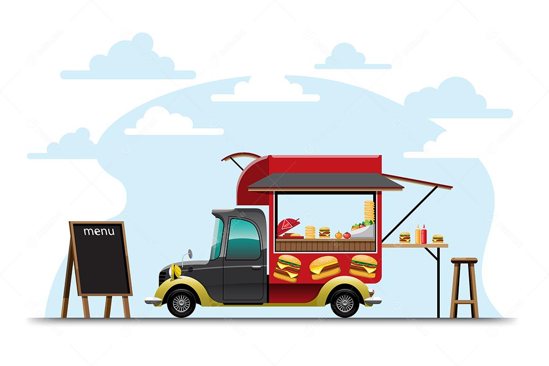 A vista lateral do caminhão de comida com menu de hambúrguer e cadeira de madeira, hambúrguer de banner ao lado do carro, ilustração vetorial