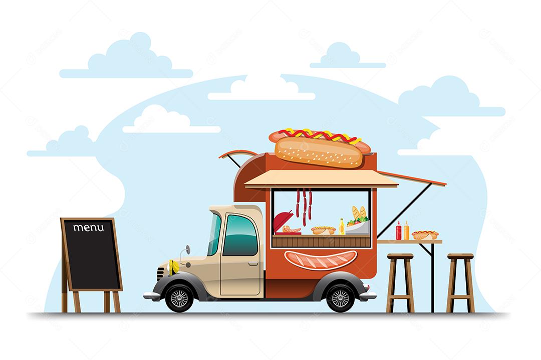A vista lateral do caminhão de comida com menu de cachorro-quente e cadeira de madeira, hambúrguer de banner na lateral e modelo grande no topo do carro, ilustração vetorial