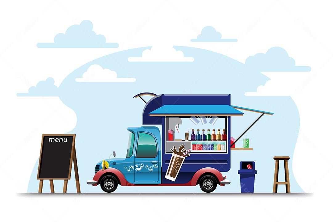 A vista lateral do caminhão de comida com balcão de bebidas, menu e cadeira de madeira, banner na lateral do carro, vista da natureza no fundo, ilustração vetorial