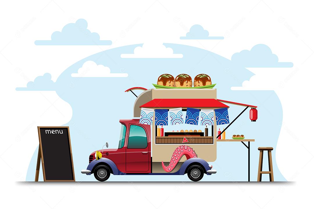 Caminhão de comida com loja Takoyaki lanche japonês com menu e cadeira, banner na lateral e modelo em cima do carro, desenho estilo design ilustração vetorial plana