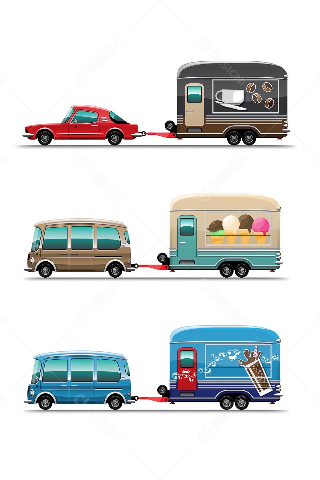 Conjunto de Trailer Food truck com café, sorvete e loja de bebidas geladas, desenho ilustração vetorial plana estilo design em fundo branco