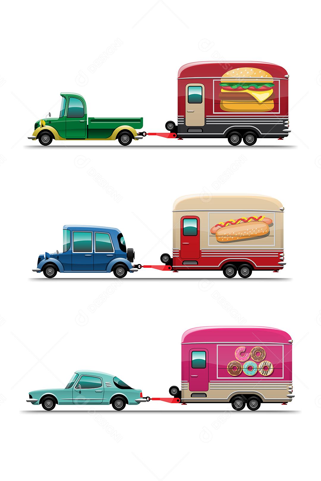 Conjunto de caminhão de comida de reboque com cachorro-quente, hambúrguer e loja de donuts, desenho ilustração vetorial plana estilo design em fundo brancoc