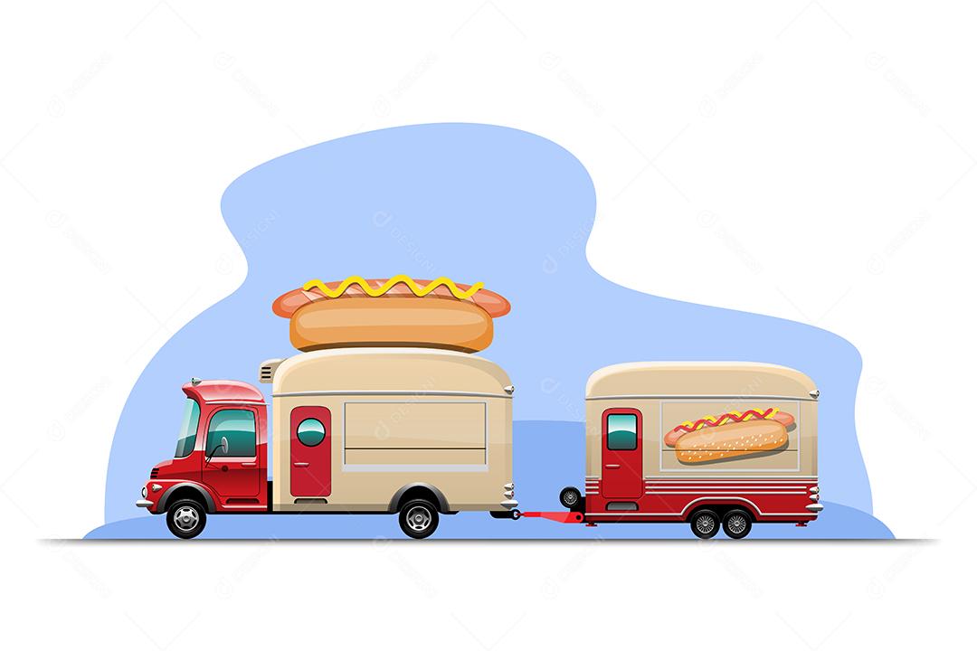 Trailer Food truck com loja de cachorro-quente, desenho ilustração vetorial plana estilo design em fundo branco