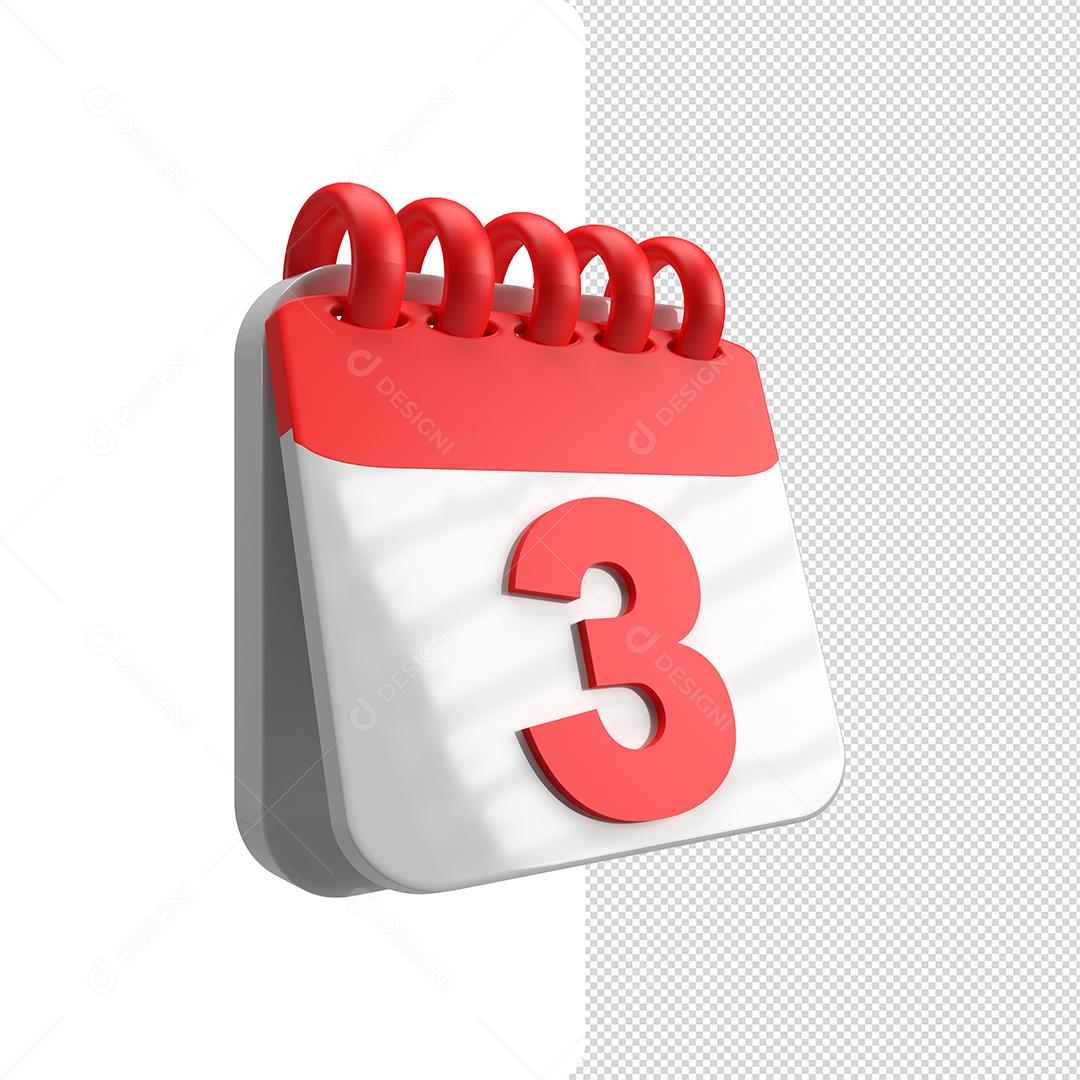 Calendário Vermelho 3D Dia 3 Elemento para Composição PSD