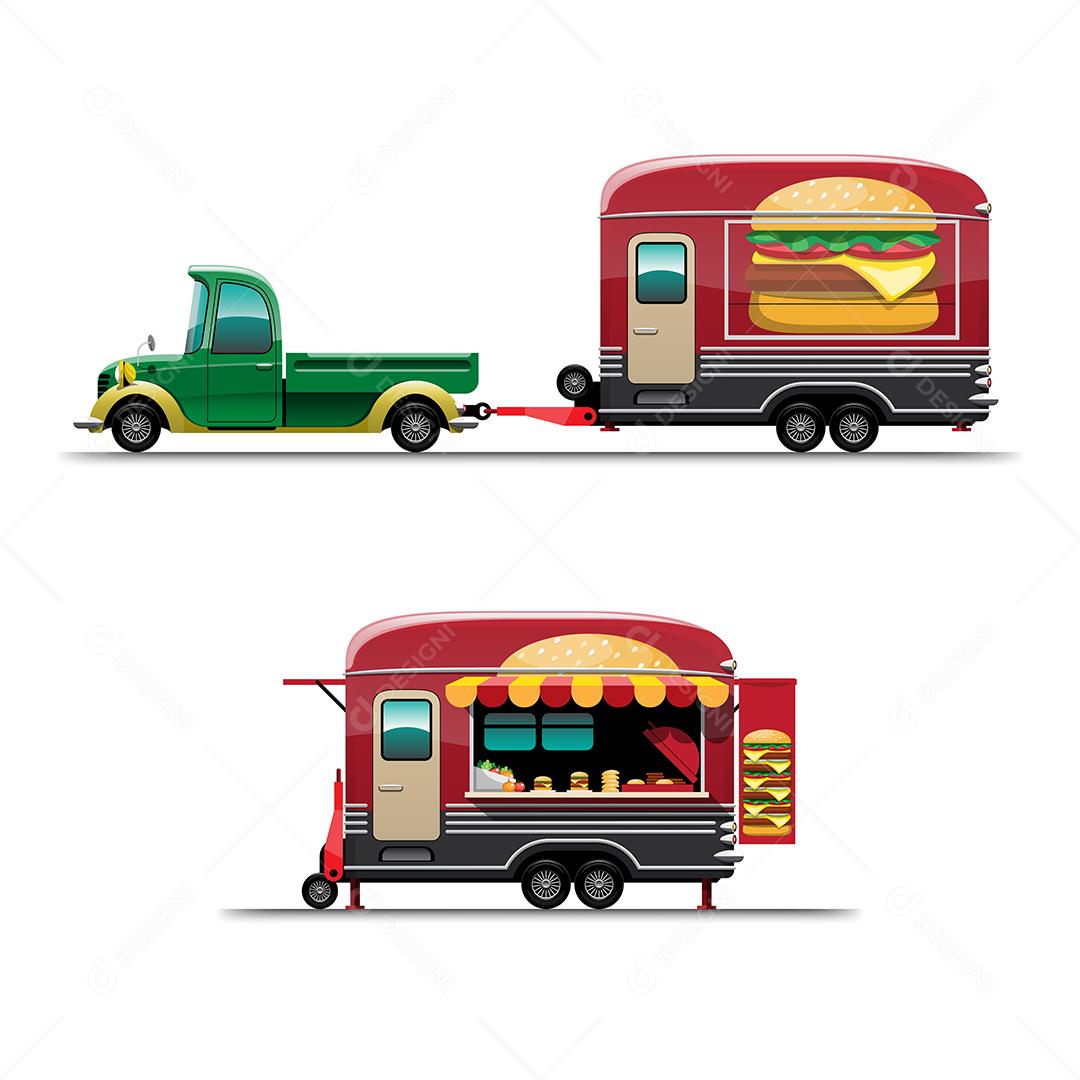 Conjunto de reboque Food truck com hambúrguer com placa de menu, desenho ilustração vetorial plana de estilo de design em fundo branco