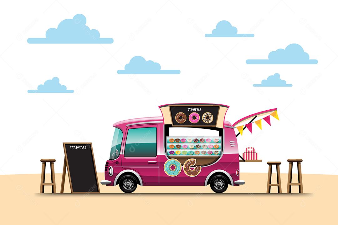 Caminhão de comida com lanchonete Donut com placa de menu e cadeira, desenho ilustração vetorial plana estilo design
