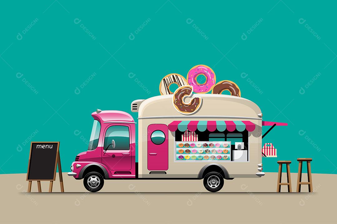 Caminhão de comida com lanchonete Donut com placa de menu e cadeira, desenho ilustração vetorial plana estilo design