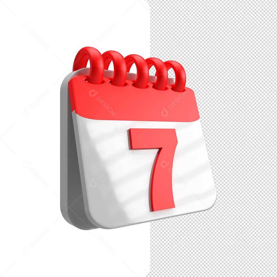 Calendário Vermelho 3D Dia 7 Elemento para Composição PSD