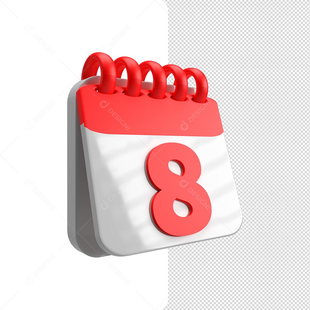 Calendário Vermelho 3D Dia 8 Elemento para Composição PSD