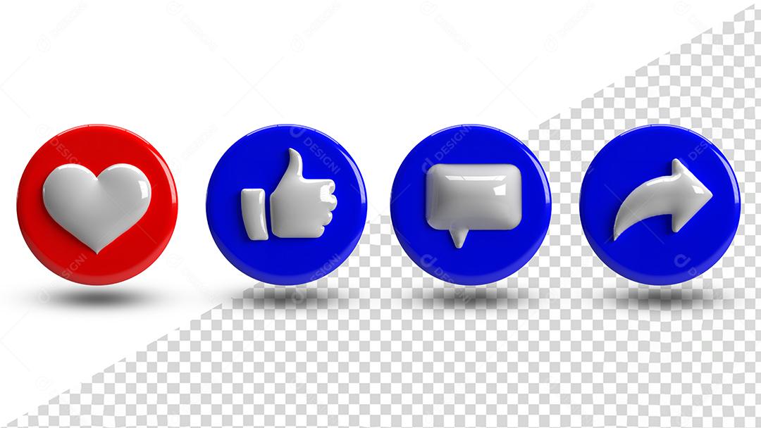 Ícones 3D De Redes Sociais Coração Like e Comentário para Composição PSD