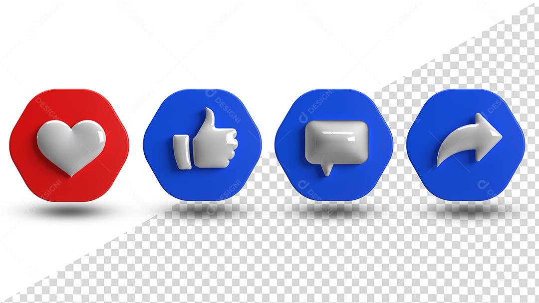 Ícones 3D De Redes Sociais Coração Like Comentário e Compartilhamento para Composição PSD