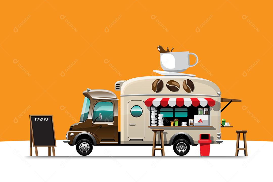 Side view of food truck with menu and wooden chair, big food model on top of cart, vector illustration