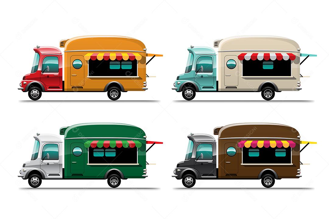 Conjunto de comida de rua de caminhão de comida e transporte de entrega de fastfood, design colorido em fundo branco, ilustração vetorial