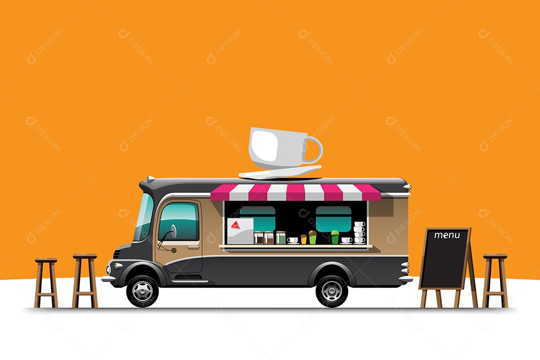 A vista lateral do caminhão de comida com menu de e cadeira de madeira, modelo de comida grande em cima do carro, ilustração vetorial