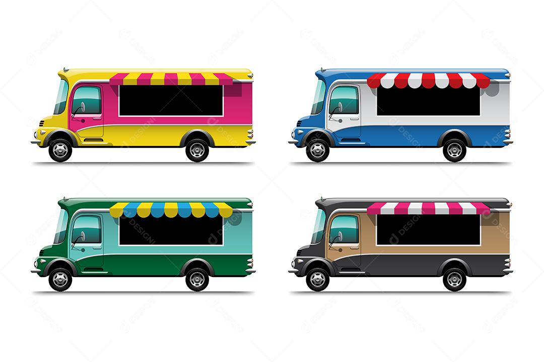 conjunto de comida de rua de caminhão de comida e transporte de entrega de fastfood isolado na ilustração vetorial de fundo branco