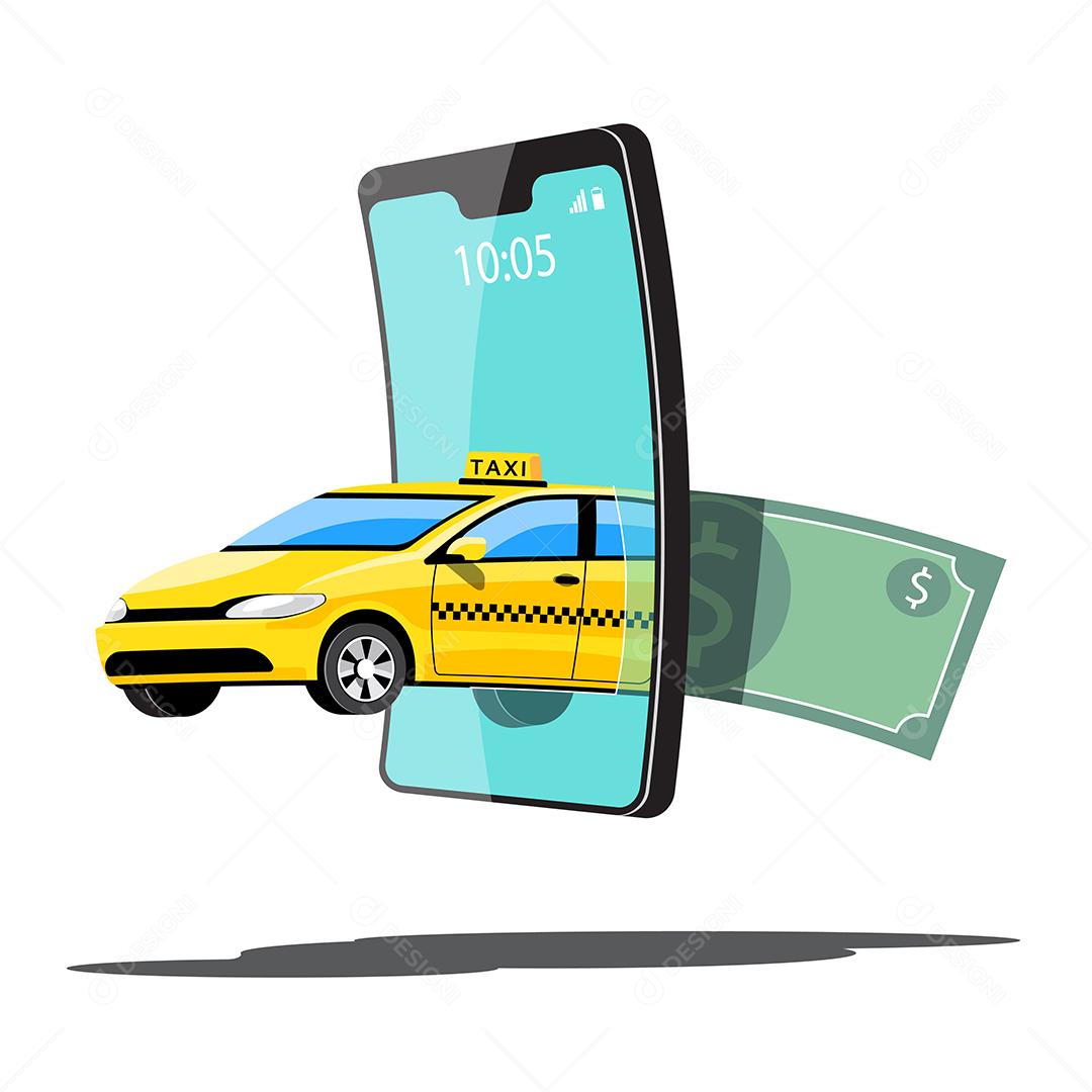 Delivery Taxi Online car sharing com personagem de desenho animado e smartphone conceito de transporte de cidade inteligente, ilustração vetorial