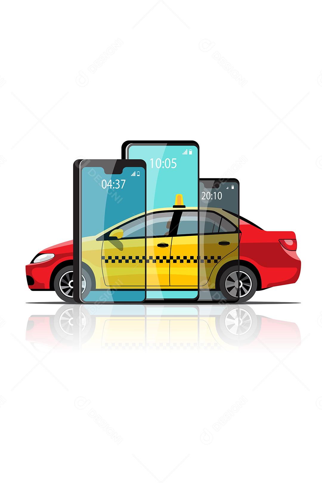 Delivery Taxi Online car sharing com personagem de desenho animado e smartphone conceito de transporte de cidade inteligente, ilustração vetorial