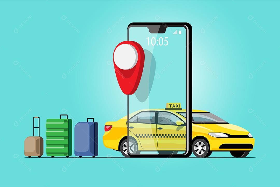 Delivery Taxi Online car sharing com personagem de desenho animado e smartphone conceito de transporte de cidade inteligente, ilustração vetorial