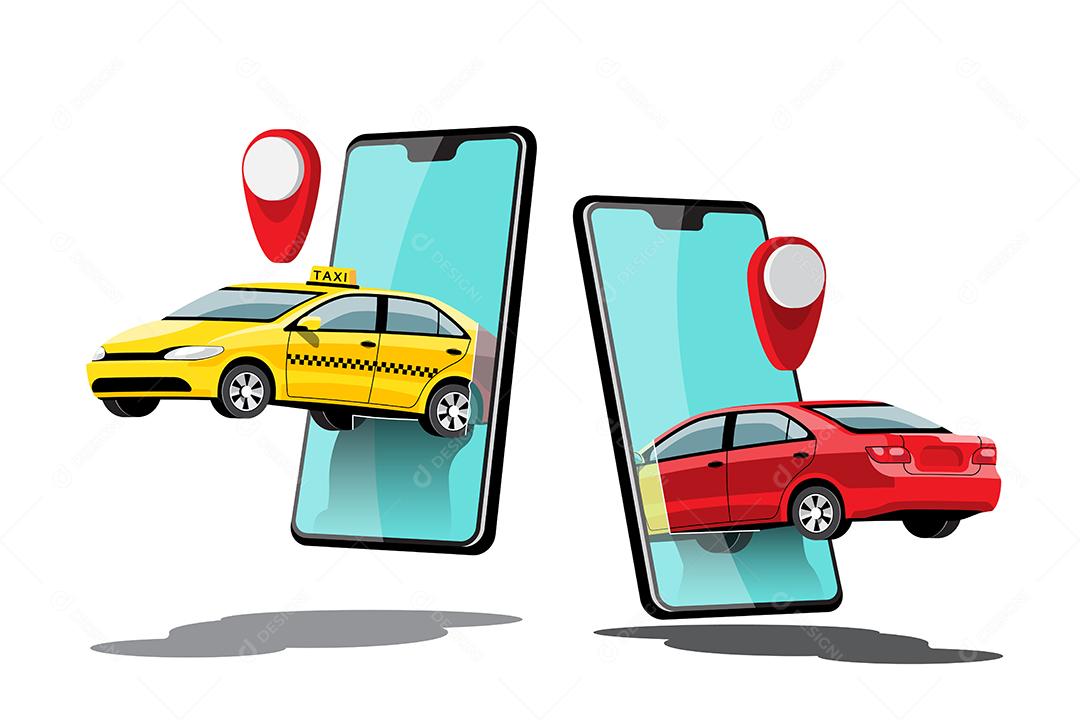 Delivery Taxi Online car sharing com personagem de desenho animado e smartphone conceito de transporte de cidade inteligente, ilustração vetorial