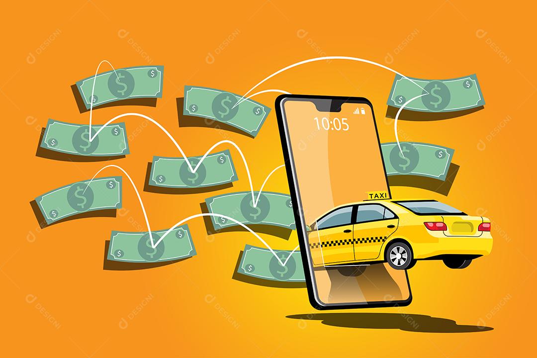 Delivery Taxi Online car sharing com personagem de desenho animado e smartphone conceito de transporte de cidade inteligente, ilustração vetorial