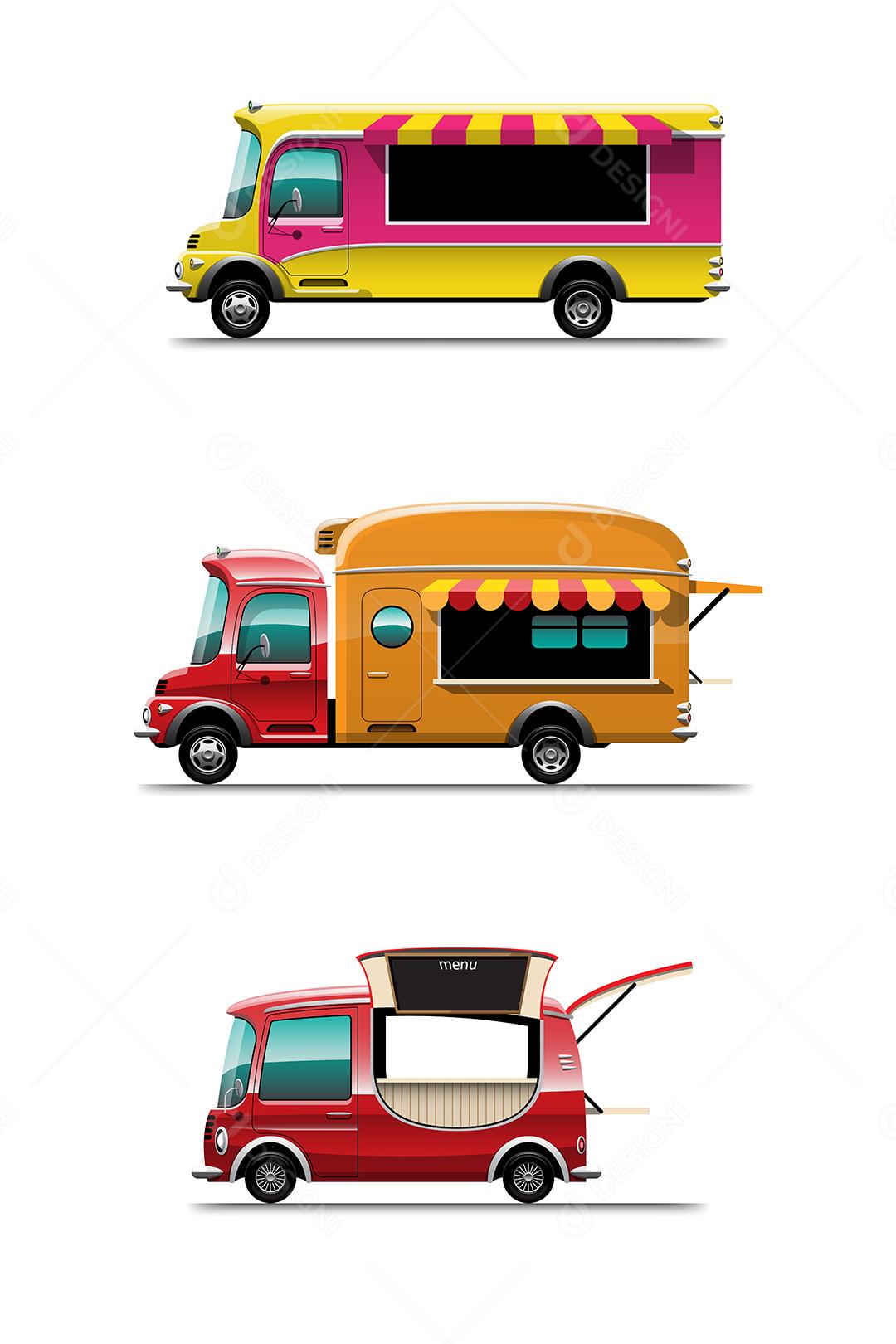 A vista lateral do caminhão de comida com menu de e cadeira de madeira, modelo de comida grande em cima do carro, ilustração vetorial