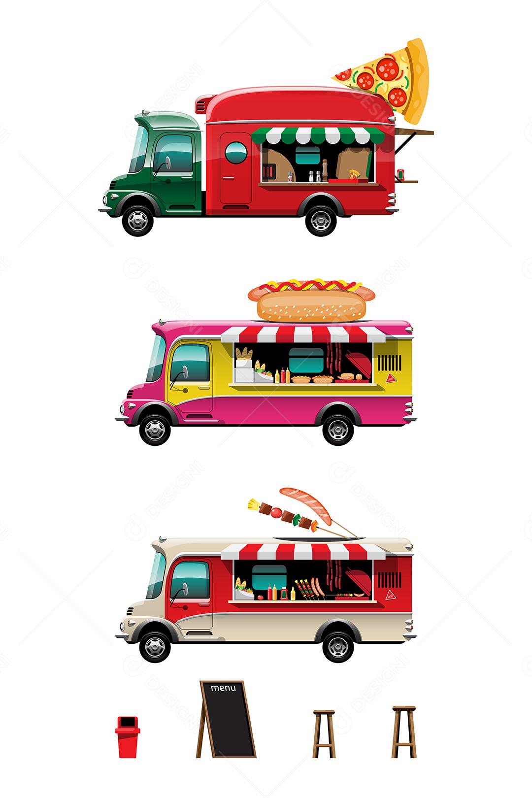 A vista lateral do caminhão de comida com menu de e cadeira de madeira, modelo de comida grande em cima do carro, ilustração vetorial