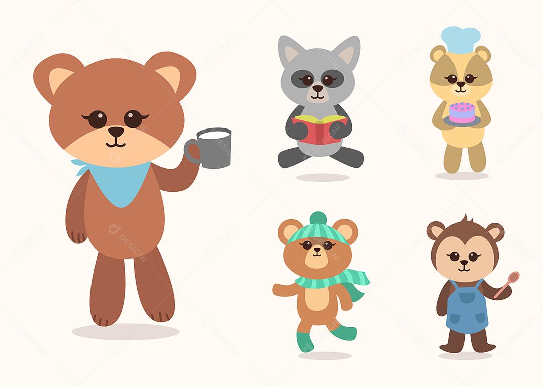 Pacote de Coleção de Personagens de Mascote de Desenho Animado Animal Adorável Vetores EPS Editável
