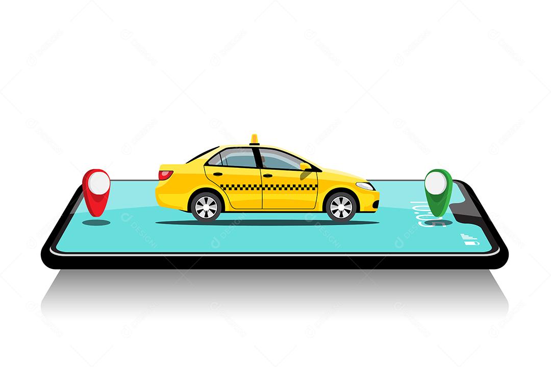 Delivery Taxi Online car sharing com personagem de desenho animado e smartphone conceito de transporte de cidade inteligente, ilustração vetorial