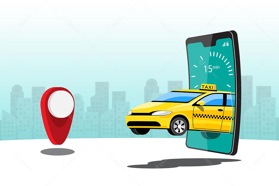 Delivery Taxi Online car sharing com personagem de desenho animado e smartphone conceito de transporte de cidade inteligente, ilustração vetorial